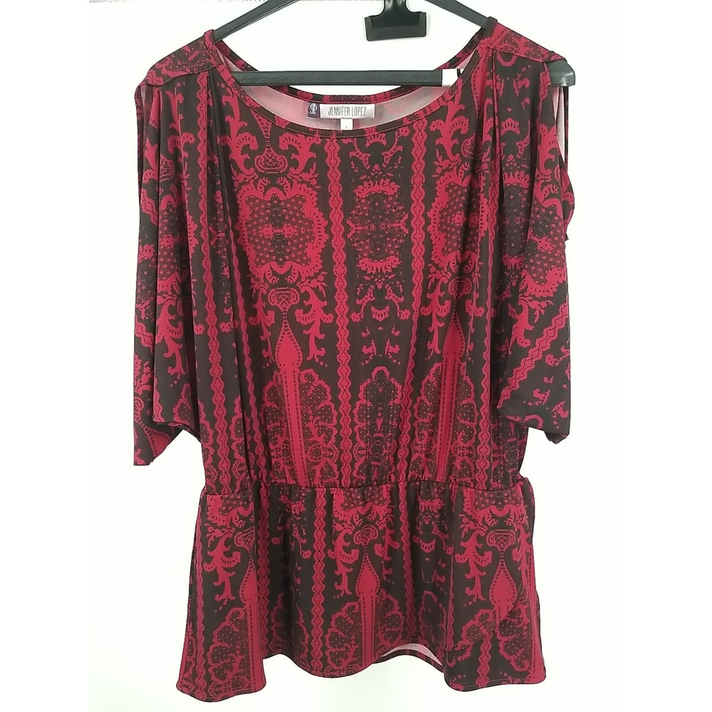 Jennifer‎ Lopez JLO Red Black Print Slit Sleeve Stretchy Blouse Top Large L